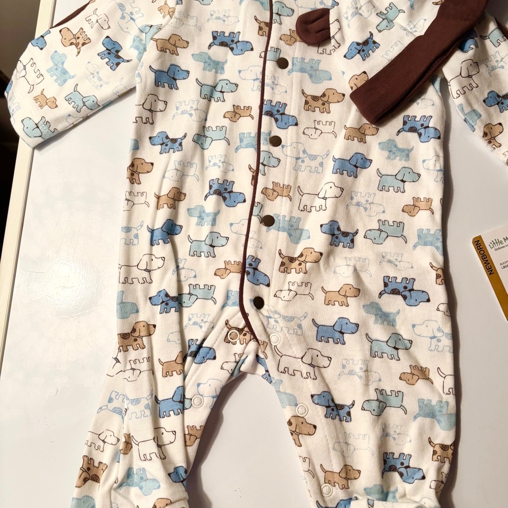 Little Me One Piece With Feet, Blue And Brown Dogs With Hat Cotton Newborn